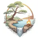 a rowan berry tree and a campfire beside a river waterfalling down the front tattoo design idea