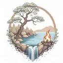 a rowan berry tree and a campfire beside a river waterfalling down the front tattoo design idea