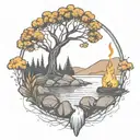a rowan berry tree and a campfire beside a river waterfalling down the front tattoo design idea