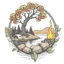 a rowan berry tree and a campfire beside a river waterfalling down the front tattoo design idea