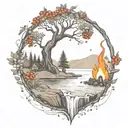 a rowan berry tree and a campfire beside a river waterfalling down the front tattoo design idea