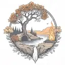 a rowan berry tree and a campfire beside a river waterfalling down the front tattoo design idea