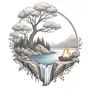 A River With A campfire and rowan tree on either side of It Waterfalls Down The Front tattoo design idea