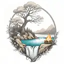 A River With A campfire and rowan tree on either side of It Waterfalls Down The Front tattoo design idea