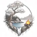 A River With A campfire and rowan tree on either side of It Waterfalls Down The Front tattoo design idea