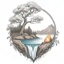 A River With A campfire and rowan tree on either side of It Waterfalls Down The Front tattoo design idea