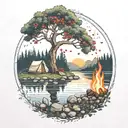 a rowan berry tree and a campfire beside a river waterfalling down the front tattoo design idea