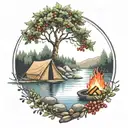 a rowan berry tree and a campfire beside a river waterfalling down the front tattoo design idea