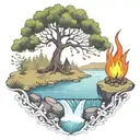 a rowan berry tree and a campfire beside a river waterfalling down the front tattoo design idea