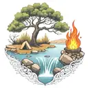 a rowan berry tree and a campfire beside a river waterfalling down the front tattoo design idea