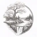 A River With A campfire and a rowan tree on either side of It Waterfalls Down The Front tattoo design idea