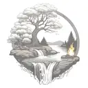 A River With A campfire and a rowan tree on either side of It Waterfalls Down The Front tattoo design idea