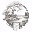 A River With A campfire and a rowan tree on either side of It Waterfalls Down The Front tattoo design idea