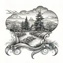 a river flowing through hills with a bush on one side of the river and a campfire on the other side of the riverbank tattoo design idea