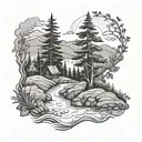 a river flowing through hills with a bush on one side of the river and a campfire on the other side of the riverbank tattoo design idea
