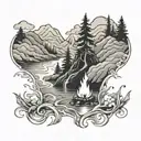 a river flowing through hills with a bush on one side of the river and a campfire on the other side of the riverbank tattoo design idea