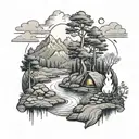 a river flowing through hills with a bush on one side of the river and a campfire on the other side of the riverbank tattoo design idea