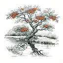 a winding river with a rowan tree beside it tattoo design idea