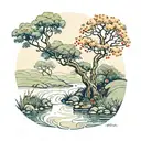 a winding river with a rowan tree beside it tattoo design idea