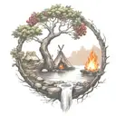 a rowan berry tree and a campfire beside a river waterfalling down the front tattoo design idea