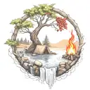 a rowan berry tree and a campfire beside a river waterfalling down the front tattoo design idea