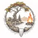 a rowan berry tree and a campfire beside a river waterfalling down the front tattoo design idea