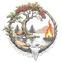 a rowan berry tree and a campfire beside a river waterfalling down the front tattoo design idea