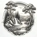 river flowing through the middle and waterfalling down the front with a campfire and a olive tree beside it tattoo design idea