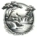 river flowing through the middle and waterfalling down the front with a campfire and a olive tree beside it tattoo design idea