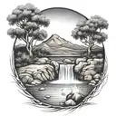 river flowing through the middle and waterfalling down the front with a campfire and a olive tree beside it tattoo design idea