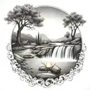 river flowing through the middle and waterfalling down the front with a campfire and a olive tree beside it tattoo design idea