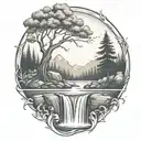 A river with a berry bush on one side and a campfire on the other side waterfalls down the front tattoo design idea