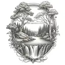 A river with a berry bush on one side and a campfire on the other side waterfalls down the front tattoo design idea