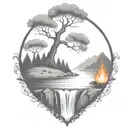 A River With A campfire and a rowan tree on either side of It Waterfalls Down The Front tattoo design idea
