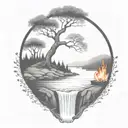 A River With A campfire and a rowan tree on either side of It Waterfalls Down The Front tattoo design idea