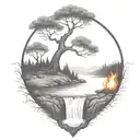 A River With A campfire and a rowan tree on either side of It Waterfalls Down The Front tattoo design idea