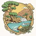 A river with a campfire on one side and an olive tree on the other side waterfalls down the front tattoo design idea