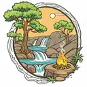 A river with a campfire on one side and an olive tree on the other side waterfalls down the front tattoo design idea