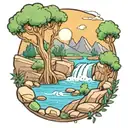 A river with a campfire on one side and an olive tree on the other side waterfalls down the front tattoo design idea