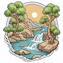 A river with a campfire on one side and an olive tree on the other side waterfalls down the front tattoo design idea