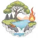 a rowan berry tree and a campfire beside a river waterfalling down the front tattoo design idea