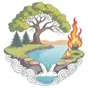a rowan berry tree and a campfire beside a river waterfalling down the front tattoo design idea
