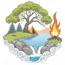 a rowan berry tree and a campfire beside a river waterfalling down the front tattoo design idea
