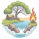 a rowan berry tree and a campfire beside a river waterfalling down the front tattoo design idea