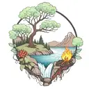 A River With A campfire and a berry tree Beside It Waterfalls Down The Front tattoo design idea