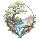 A River With A campfire and a berry tree Beside It Waterfalls Down The Front tattoo design idea