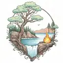 A River With A campfire and a berry tree Beside It Waterfalls Down The Front tattoo design idea