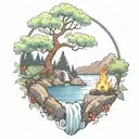 A River With A campfire and a berry tree Beside It Waterfalls Down The Front tattoo design idea