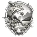 A river with a berry bush on one side and a campfire on the other waterfalls down the front tattoo design idea