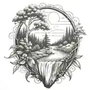 A river with a berry bush on one side and a campfire on the other waterfalls down the front tattoo design idea